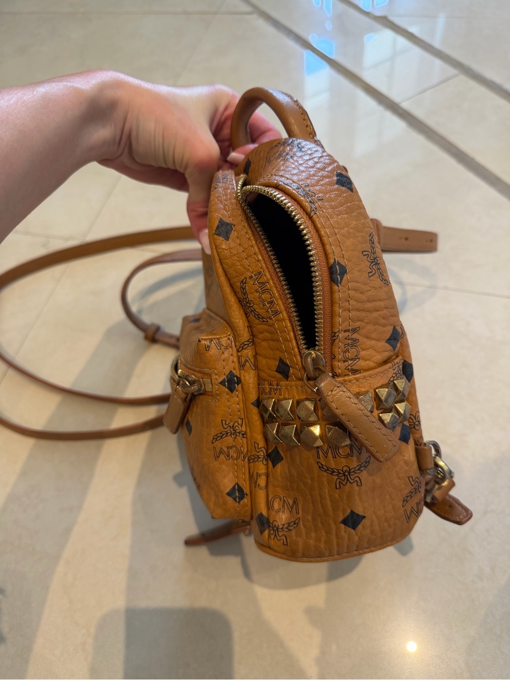 MCM Cognac Logo Mini Backpack with Stud Accents - Picture 2 of 6